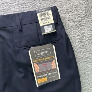 Haggar Dress Pants Mens 36x30 Blue Wool Blend Comfort Expandable Waistband NWT